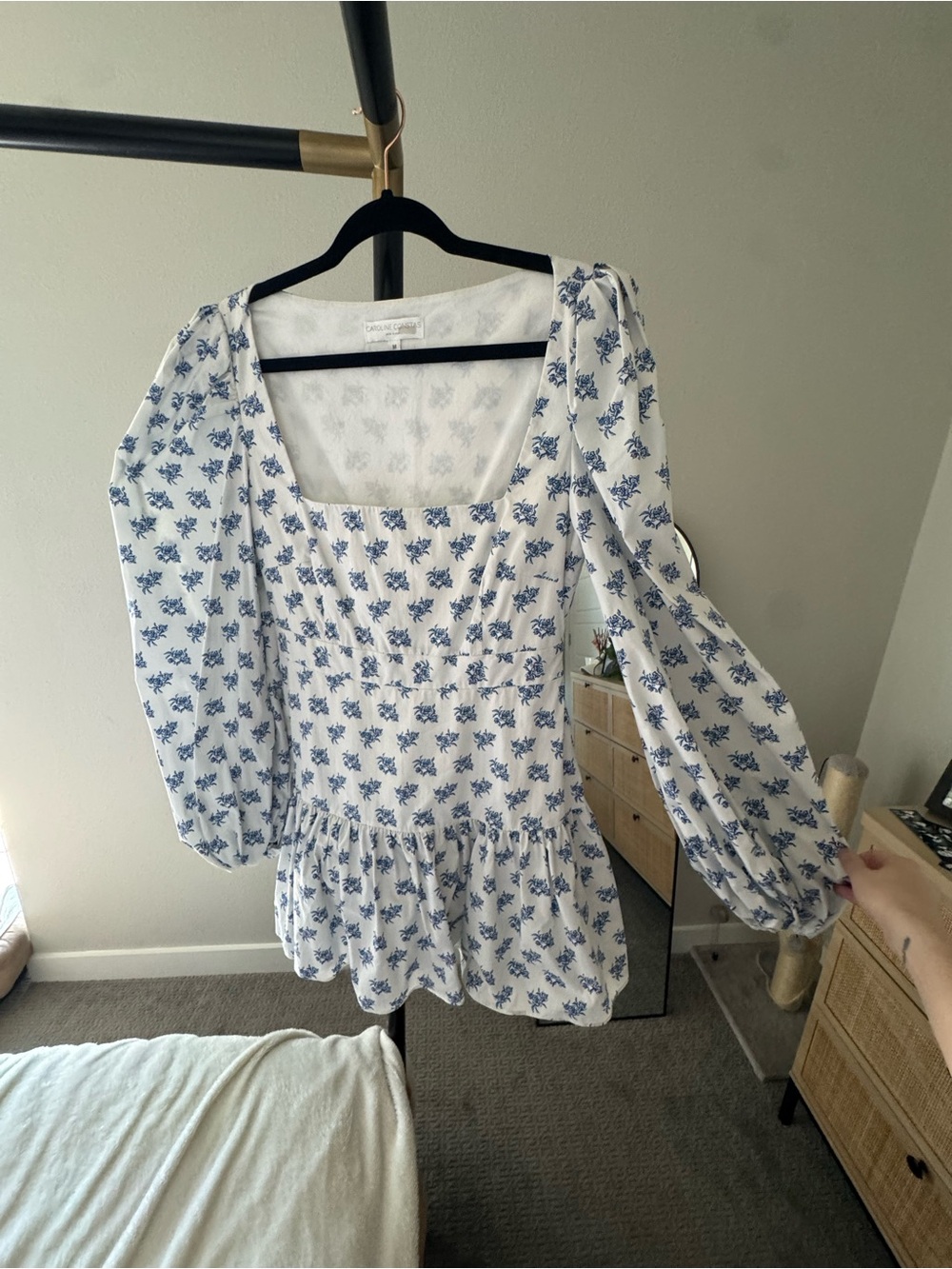 Caroline Constas White Mini Dress with Blue Floral Print